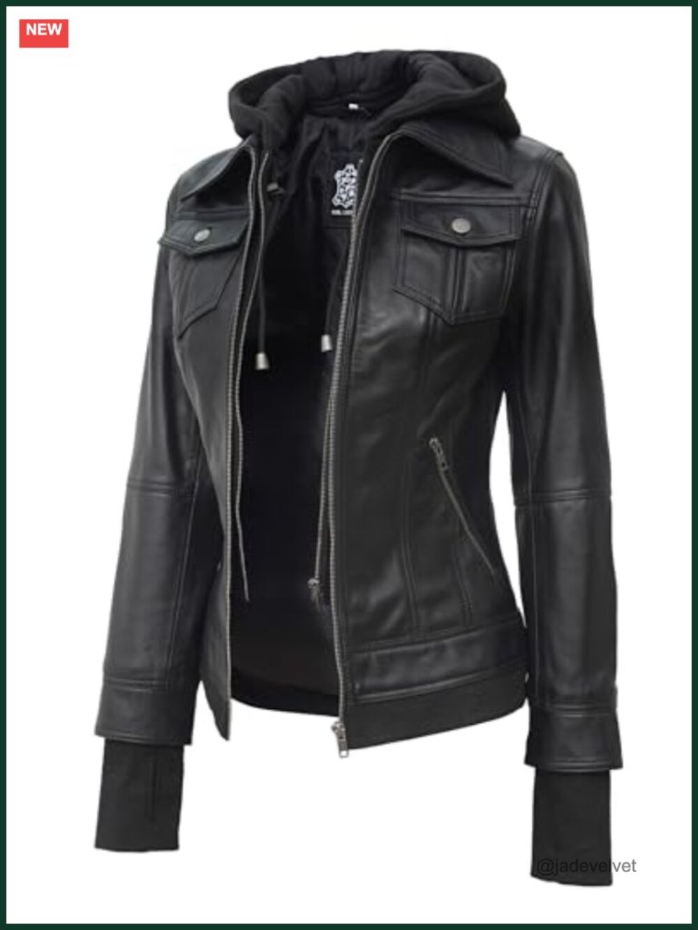 Genuine Lambskin Leather Moto Jacket Hooded Removable Hood Women